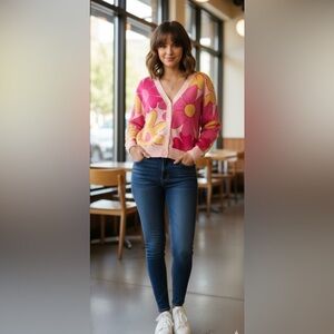 Retro Floral Pink and Yellow Cardigan Sweater